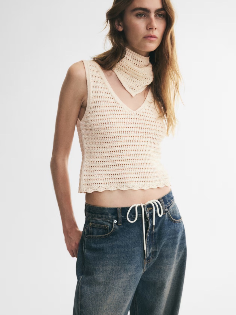 H&M Cream Crochet V-Neck Tank Top
